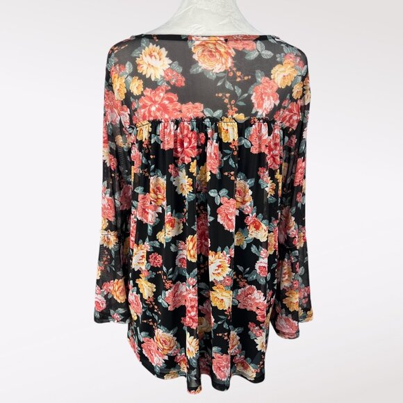 Bobbie Brooks Floral Bell Sleeve Blouse Sheer Layered Boho Top Size Medium - Picture 5 of 9